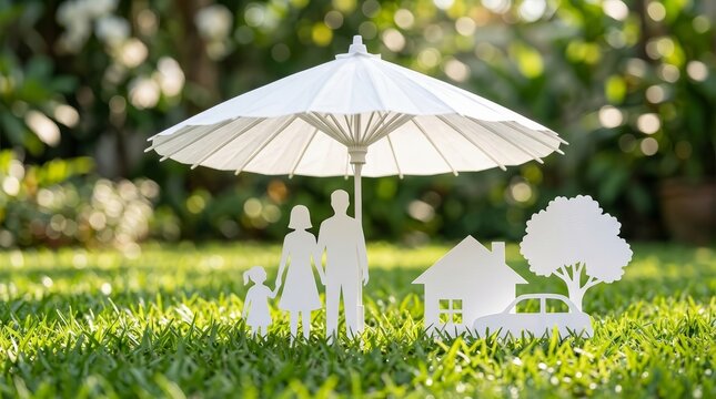 Concept of life insurance and security featuring paper cutouts of a family and assets under a white umbrella.