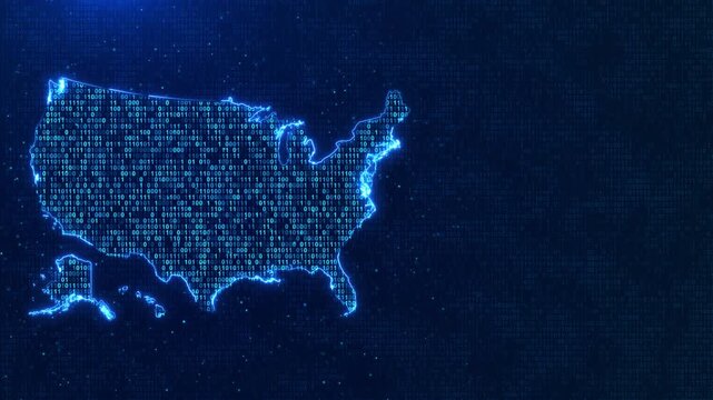 Glowing America map binary information and digital code patterns. cyber defense, secure computing, database protection, software systems, encryption, privacy, cloud security and national 19