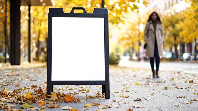 Black blank sandwich board sign stands on a city sidewalk during autumn.