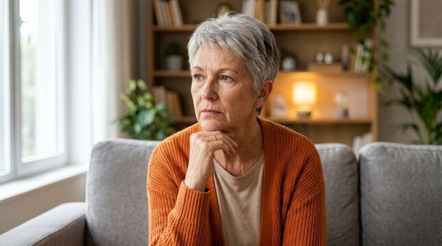 Elderly female person in a living room making a difficult decision regarding pension and finance.