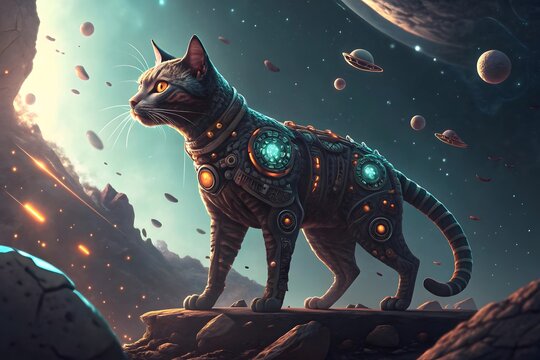Black futuristic cat in cosmic space setting