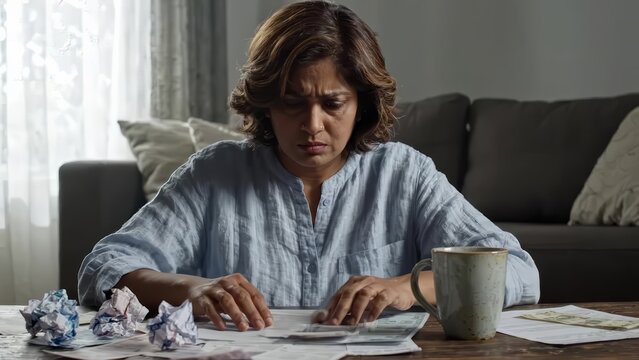 Stressed female sitting at a table reviewing debt and financial documents.