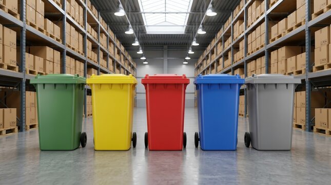 Warehouse aisle featuring colorful recycling bins and logistics waste management sorting areas.