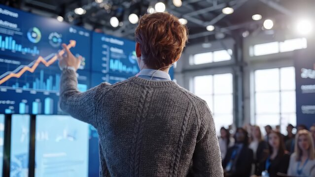 Speaker sharing growth charts during a startup pitch session in an event room.