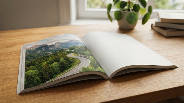 Lush trees and a winding asphalt road pictured in an open magazine with blank pages.