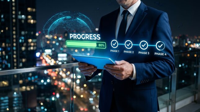 Success in project management and workflow optimization shown by a businessman with a tablet displaying a progress bar and check marks.