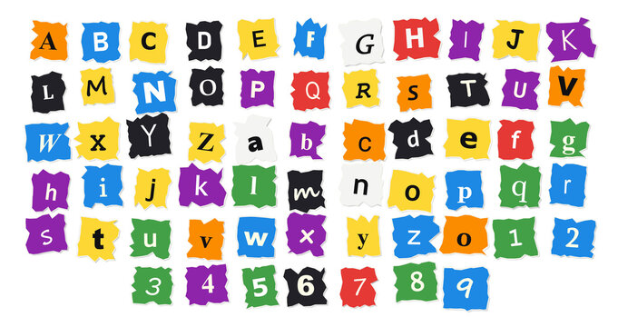 Colorful ransom-style uppercase and lowercase alphabet letters, numbers, and symbols isolated on a transparent background