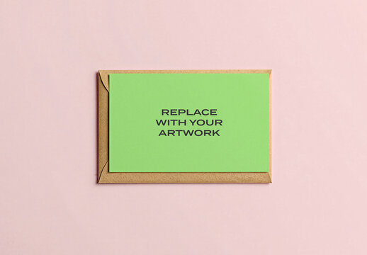 Greeting card mockup in a brown envelope on pink background, flat lay stationery presentation with placeholder text for artwork replacement, Template