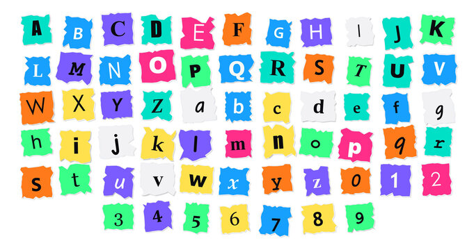 Colorful ransom-style alphabet and numbers block set, isolated on transparent background, isolated on a, transparent background