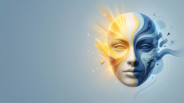 Abstract human face mask split between golden light and blue liquid energy