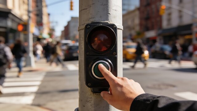 A hand pressing a traffic light button at a busy intersection in a city.