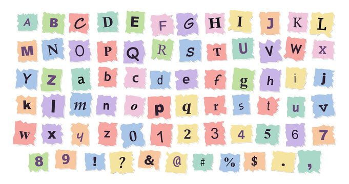 Black and red ransom note style alphabet, numbers, and symbols on wooden background, isolated on a, transparent background