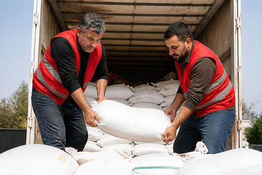 Two men in safety vests are handling large sacks of material inside a shipping container.