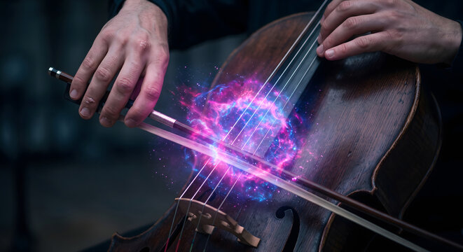 Cellist playing instrument with magical glowing light effect