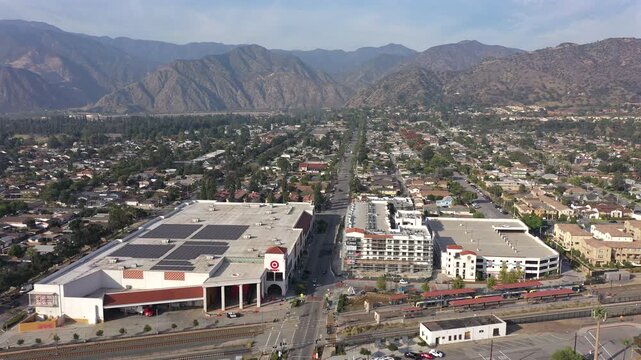 Afternoon aerial view of the buildings of downtown Azusa, California, USA.