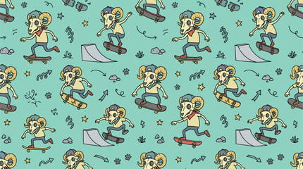 Fototapeta premium Seamless repeating pattern of a cartoon ram skull character wearing a baseball cap and bandana while skateboarding. Teal background with hand-drawn ramps, stars, and doodle accents.