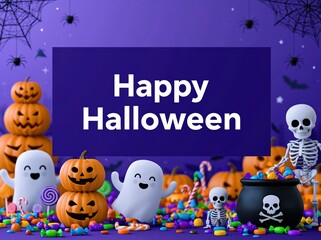 Fototapeta premium Colorful Halloween illustration featuring a purple banner with 'Happy Halloween' text, surrounded by jack o' lanterns, playful ghosts, skeletons, candies, spiders, and bats.