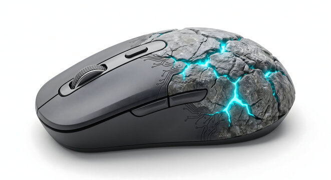 Futuristic computer mouse with cracked stone brain and glowing light