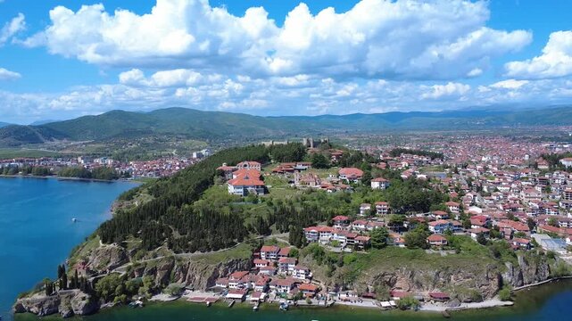 Drone View of Ohrid and Lake Ohrid, North Macedonia