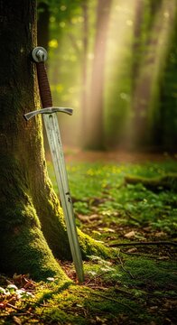 An ancient steel longsword rests against a mossy tree trunk in a deep green woodland where golden sunlight filters through the misty canopy, woods, green, history