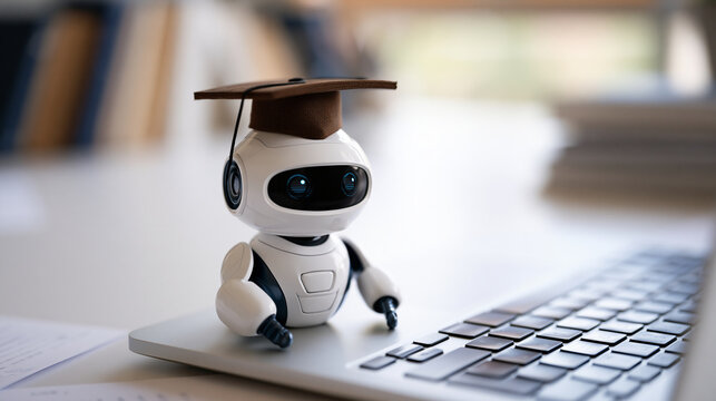 Cute small artificial intelligence robot character wearing a tiny graduation cap perched on the edge of a laptop keyboard soft bright classroom style background with blurred books online