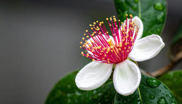 Exquisite macro photograph of a feijoa blossom displaying vibrant pink stamens with gold anthers and water droplets on green leaves, ideal for botany books, exotic gardening guides, and eco-friendly d