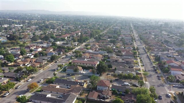 Sunset aerial view of a neighborhood near downtown Azusa, California, USA.