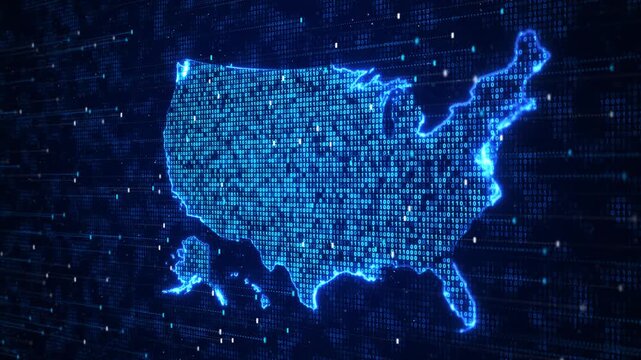 Futuristic USA map filled binary information code elements. secure computing, cyber threats, privacy, authentication, cloud systems, software infrastructure national 19 presentations.