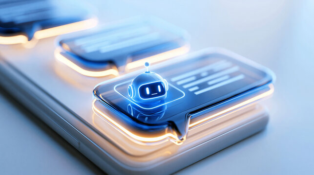 Bright digital illustration of a glowing chatbot conversation window with rounded speech bubbles and a small robot application icon soft blue and white gradient background futuristic