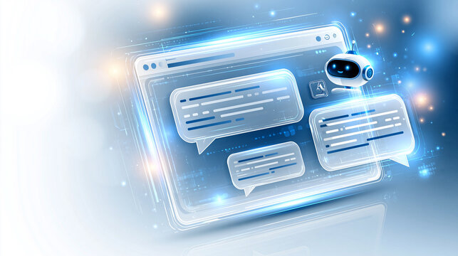 Bright digital illustration of a glowing chatbot conversation window with rounded speech bubbles and a small robot application icon soft blue and white gradient background futuristic