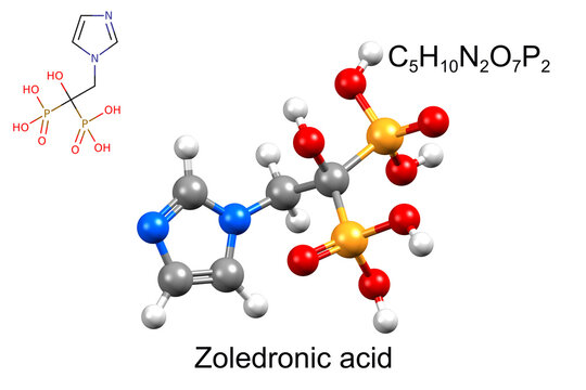 Structure of zolendronic acid, a medicine for osteoporosis. Chemical formula, structural formula, and 3D ball-and-stick model