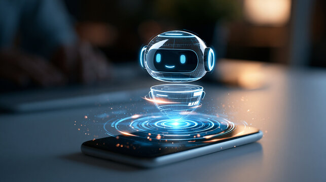 Futuristic glowing chatbot hologram interface rising softly above a bright smartphone resting on a clean desk surface subtle particle light effects digital communication technology