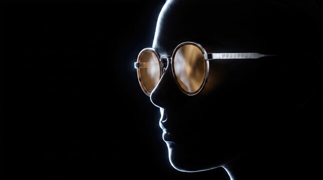 Silhouette profile woman wearing round metal glasses retail service