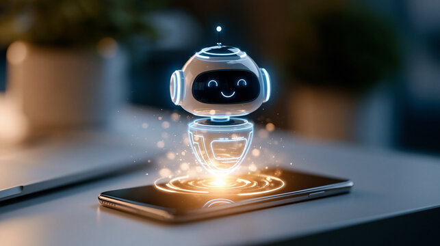 Futuristic glowing chatbot hologram interface rising softly above a bright smartphone resting on a clean desk surface subtle particle light effects digital communication technology