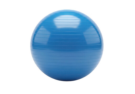 Blue exercise ball with ribbed texture is displayed on transparent background