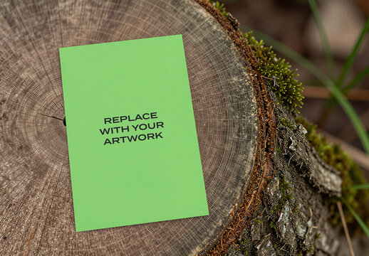 Vertical poster mockup displayed on a moss-covered tree stump in natural outdoor setting, featuring wood grain texture and plant elements, Template, design