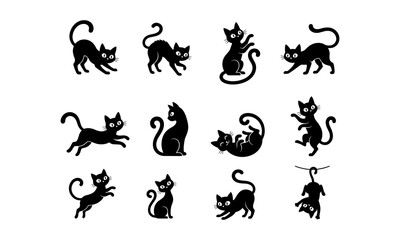 Naklejka premium Halloween black cat silhouette vector set, cute and spooky kitty poses collection
