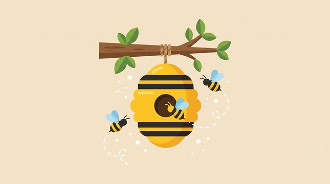 Minimalist honey beehive illustration, yellow bee hive hanging on tree branch, cute bumblebees flying in nature scene