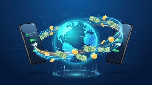 A glowing globe is encircled by mobile phones and currency depicting global financial transactions globalization international finance monetary transaction