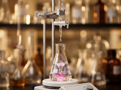 Chemical titration apparatus with burette and pink indicator solution in flask