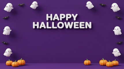 Naklejka premium Happy Halloween 3D Banner with Floating Ghosts, Bats and Pumpkins