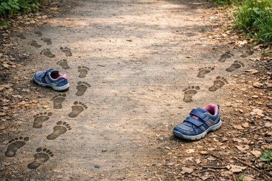 A pair of blue shoes walking down a dirt path, perfect for nature or outdoor scenes