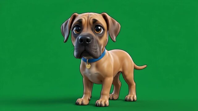 Cute little puppy with a blue collar standing on a green background, looking sad.