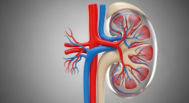 Detailed 3D anatomical illustration of human kidney with arteries and veins.