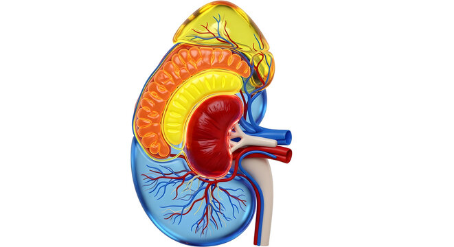 Detailed cross section view of human kidney with internal structures and blood vessels highlighted.