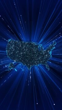 United States map glowing particles high speed data rays expanding digital environment. broadband, fiber networks, telecom, cloud traffic, communication, internet infrastructure data transfer videos.