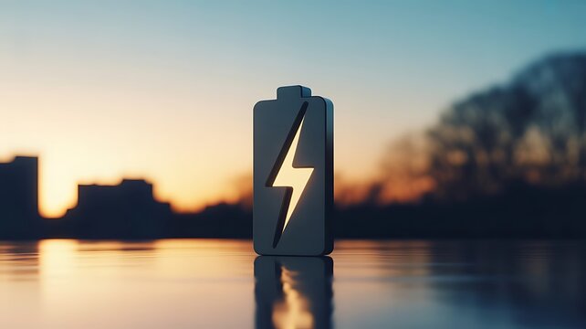 A glowing battery representing energy storage and power efficiency, set against a blurred city skyline during a sunset background