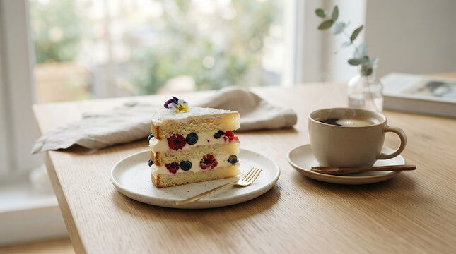 Cake slice with coffee in a cozy setting during daytime