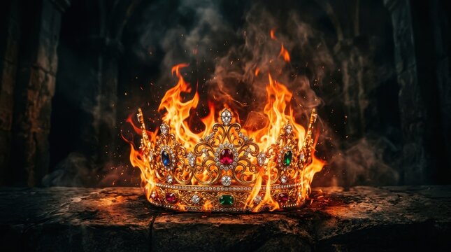A golden crown engulfed in flames rests upon a stone surface royal regal monarchy sovereignty headwear ornament tiara diadem