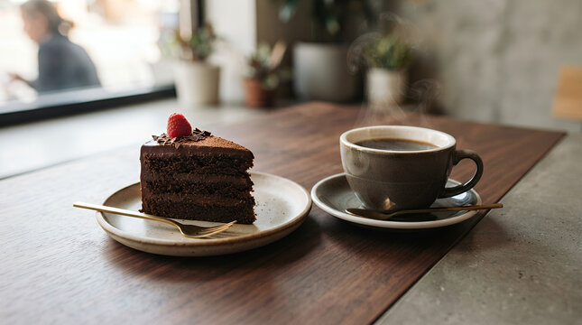 Cake slice with coffee in a cozy setting during daytime